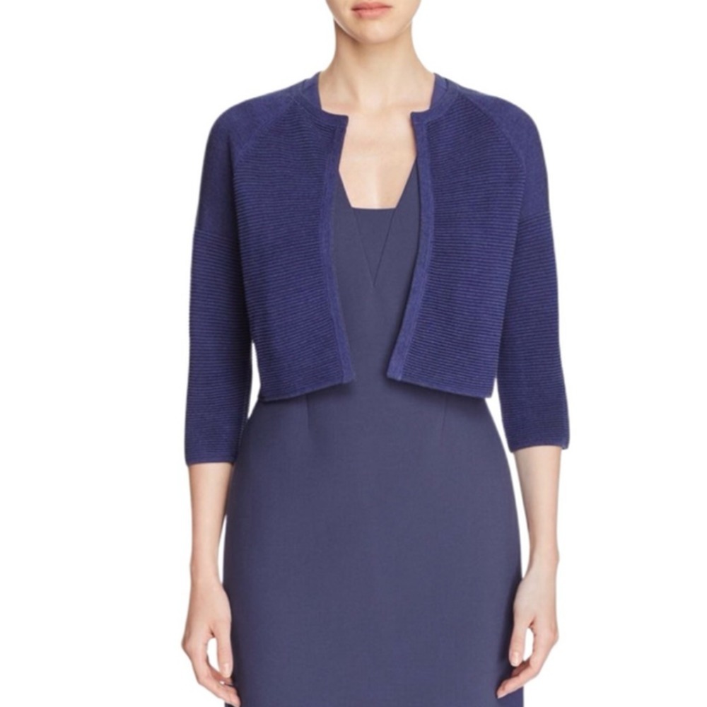 BOSS Cardigan Women Extra Large Blue Ribbed Cropped Open Front 3/4 Sleeve
